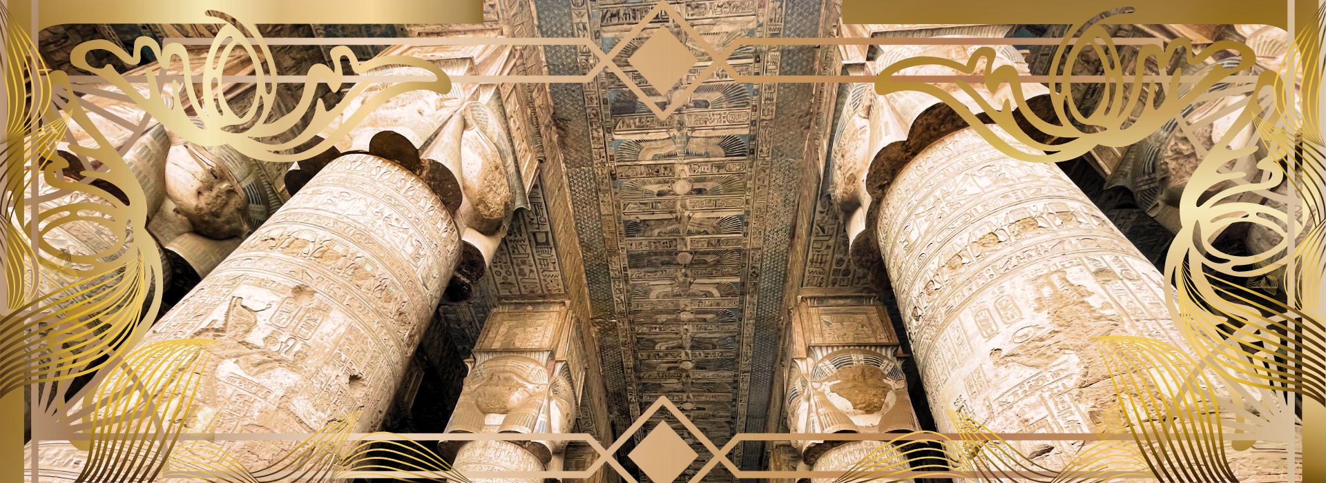 Imagen original de columnas y relieves egipcios con ornamentación dorada