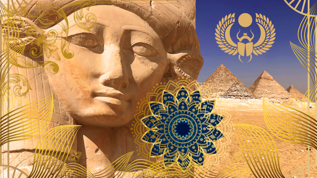 Composición original de Código Egipto: escultura egipcia, símbolos y pirámides